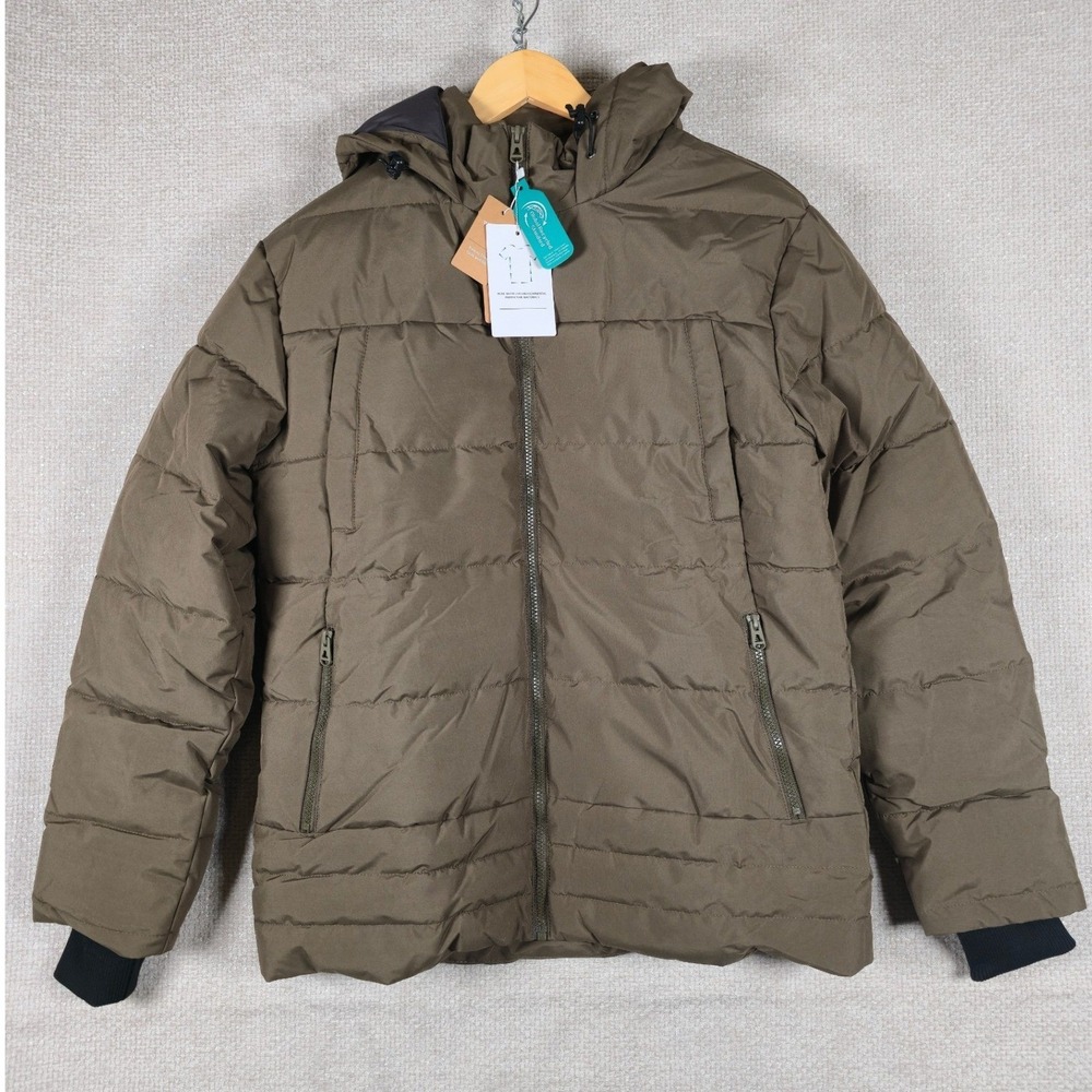 Wantdo‎ Mens Hooded Puffer Jacket Olive Green Recycled Insulated Coat E15 Size M